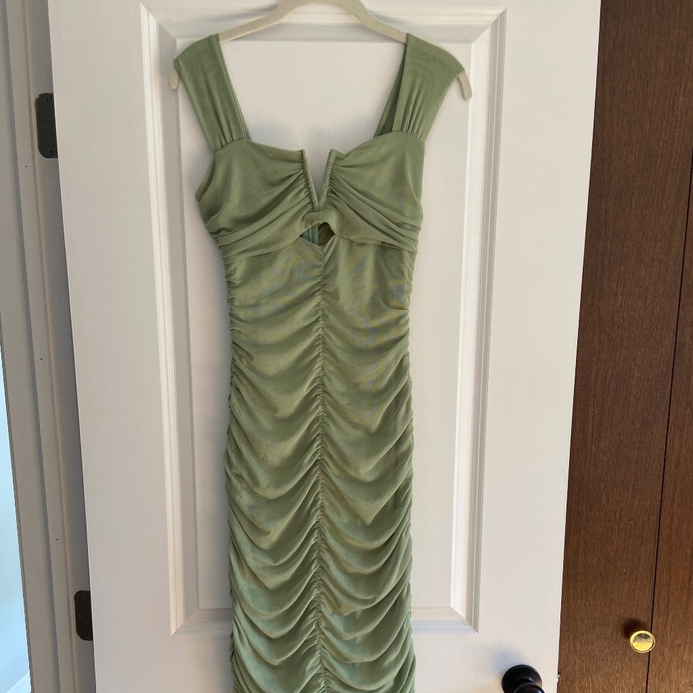 Spring Green Ruched Mesh Dress